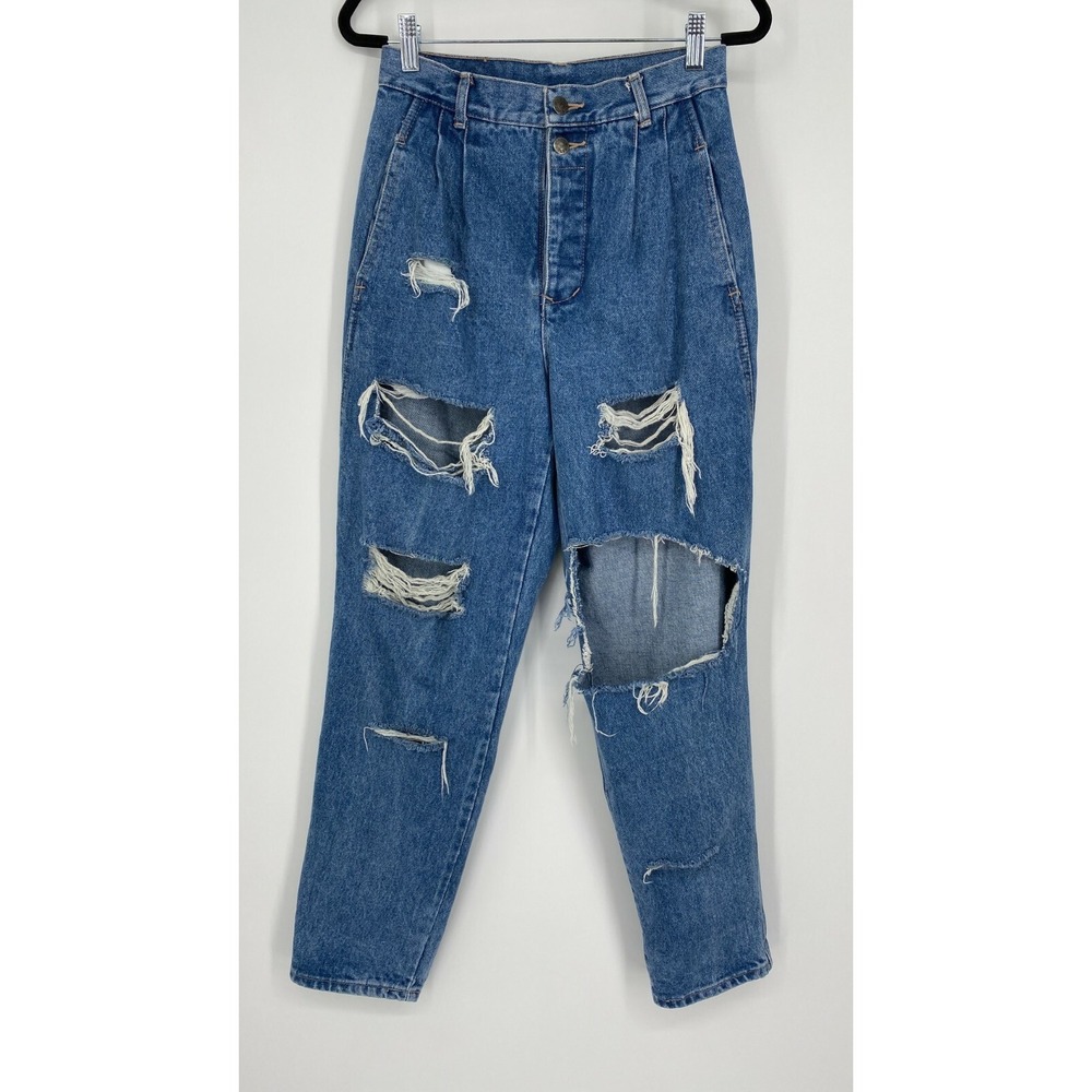Katana High Rise Mom Jeans Womens 8 Distressed Button Fly Cotton‎ Denim Blue VTG